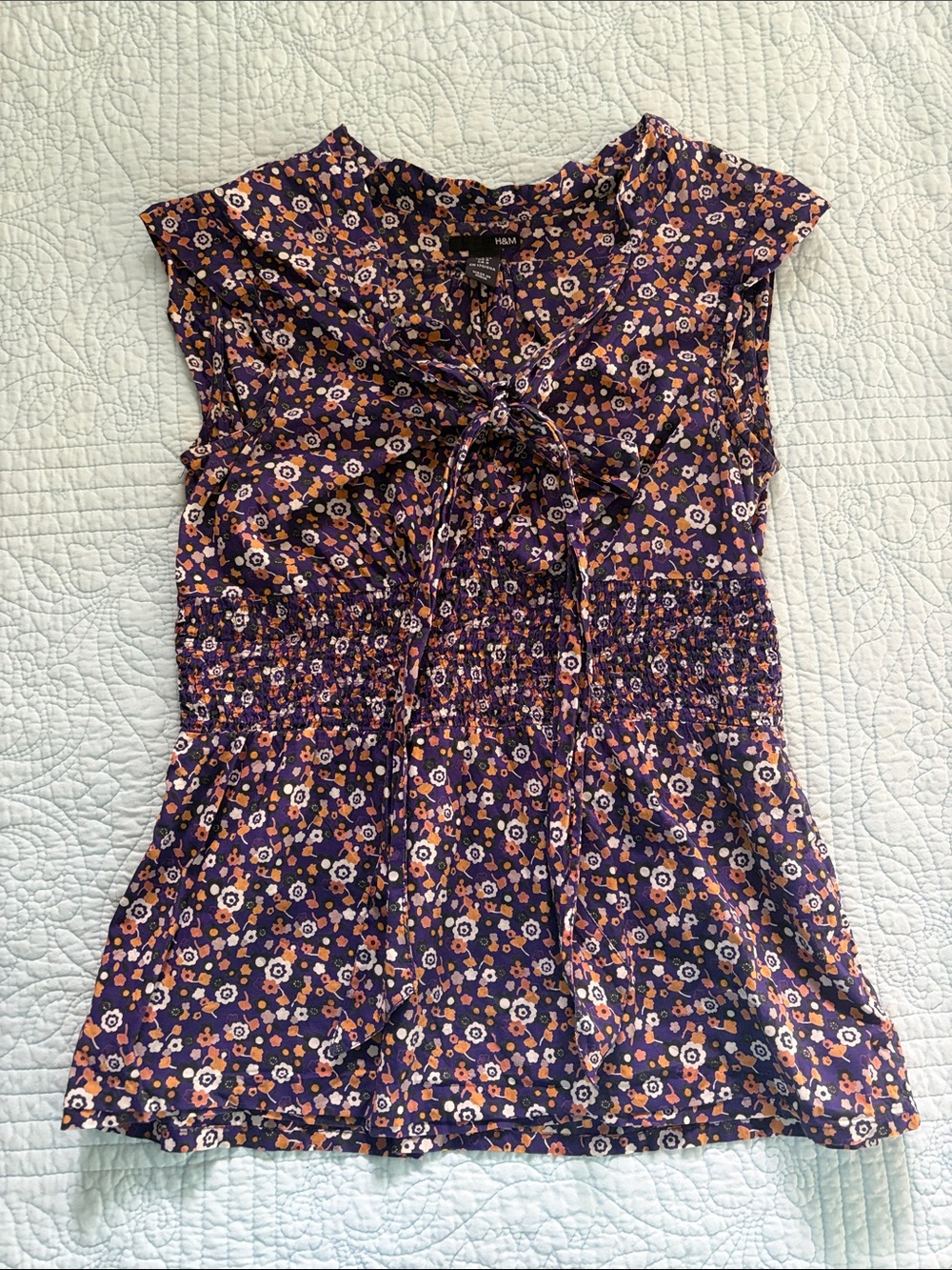 H&M Purple Floral Tie-Front Smocked Waist Blouse